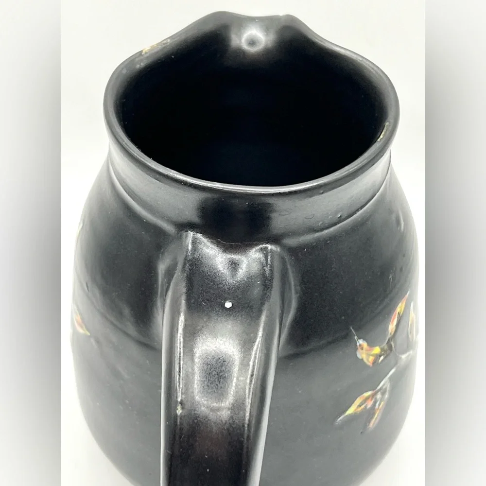 Studio Art Pottery Ceramic Black Pitcher Floral Design Heavy Decorative Vase 5.5